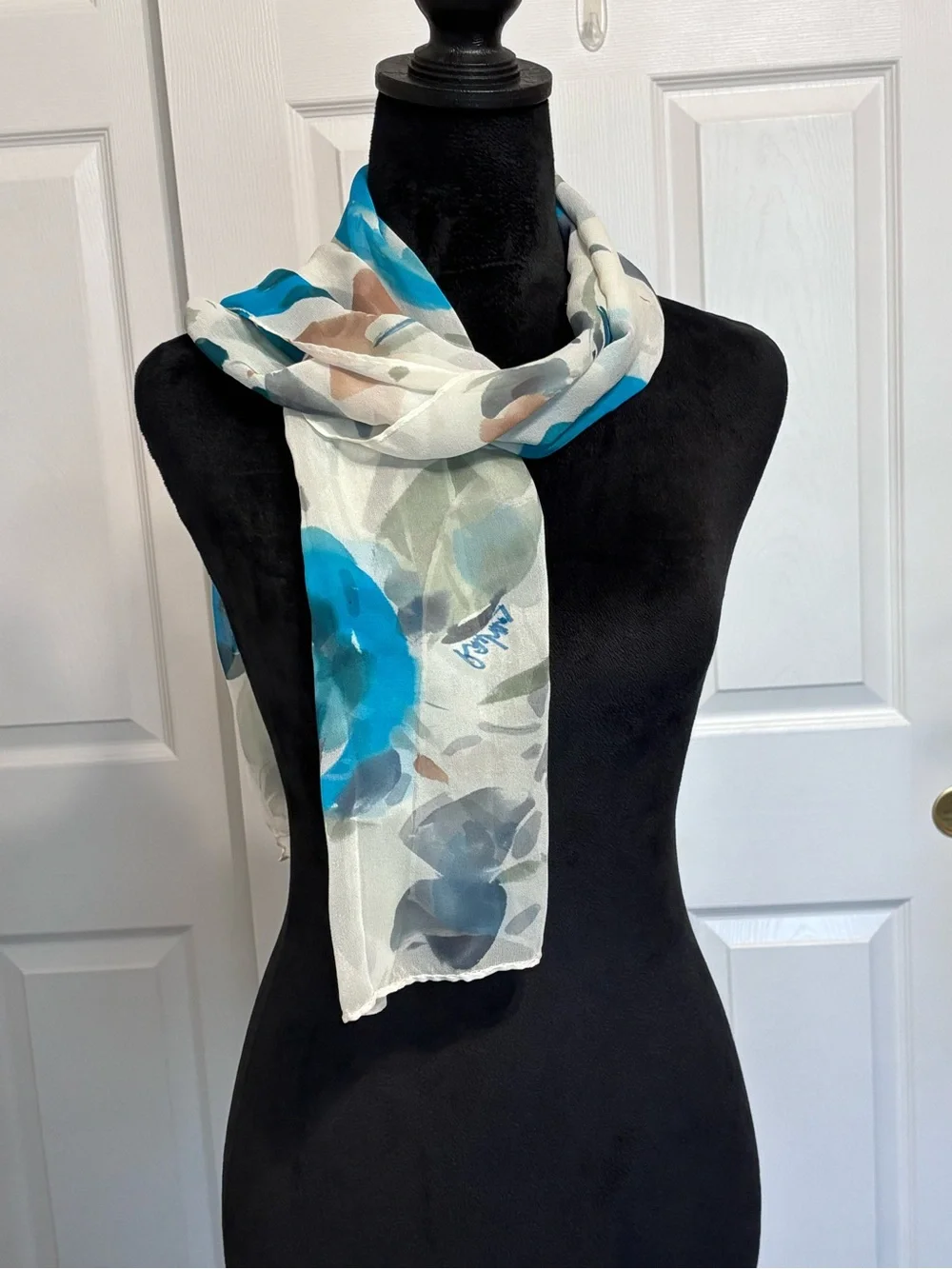 Artist Signed Watercolor Floral Sheer Chiffon Scarf Blue Gray White Oblong Wrap